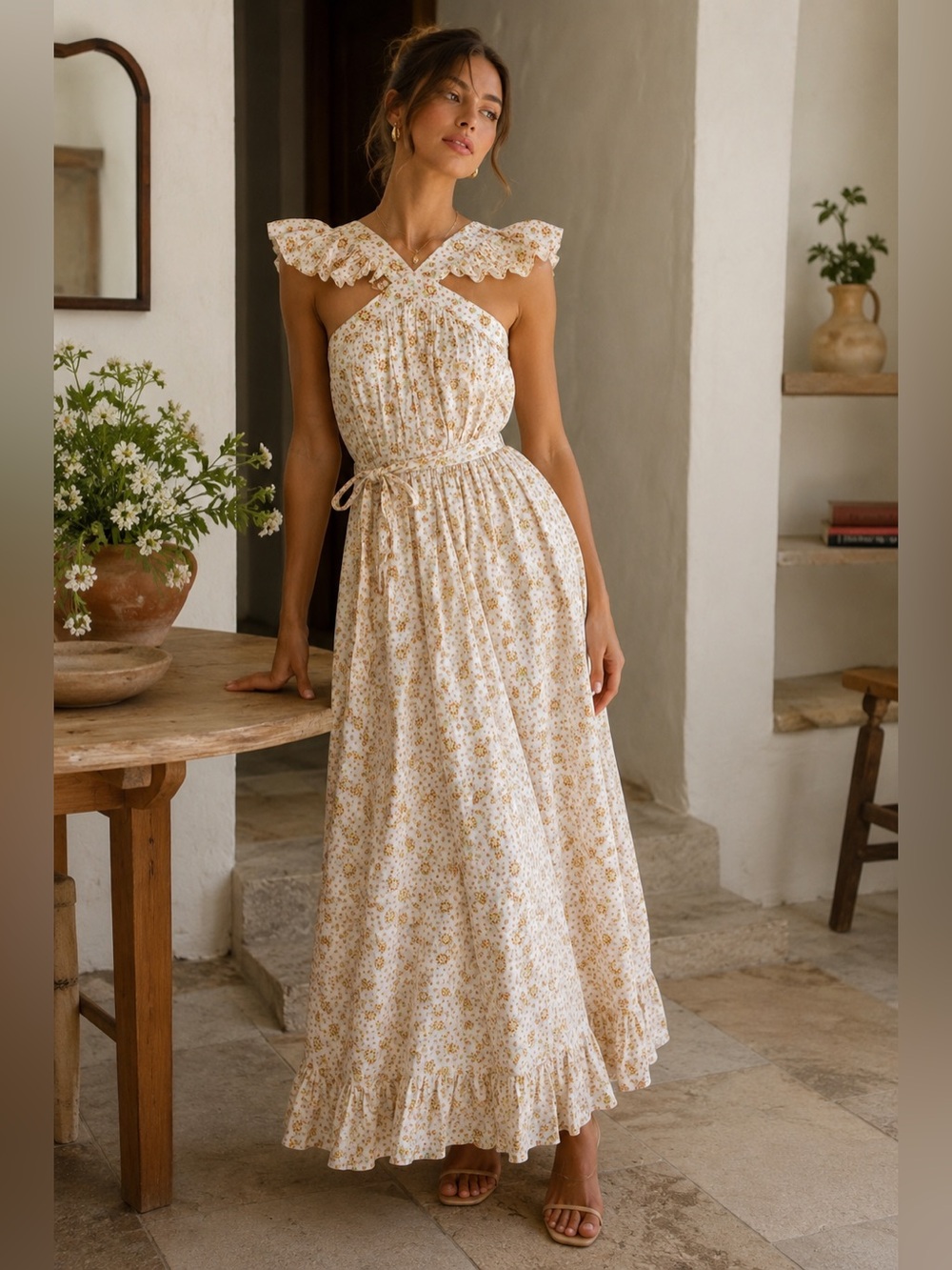 DOEN Floral Ramie Ruffle Cross Halter Maxi Dress Ivory Cottagecore Prairie XS